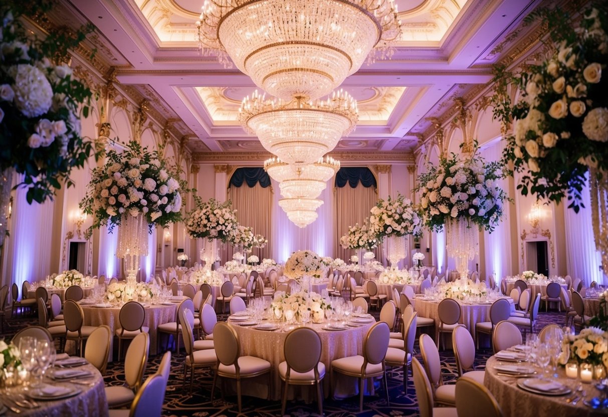 A grand ballroom adorned with opulent chandeliers, gilded decor, and extravagant floral arrangements, creating a lavish setting for a luxurious wedding celebration