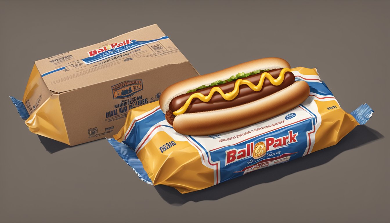 A package of Ball Park Beef Hot Dogs sits unopened, next to an opened package with a few remaining hot dogs inside. The unopened package is pristine, while the opened package shows signs of wear and tear