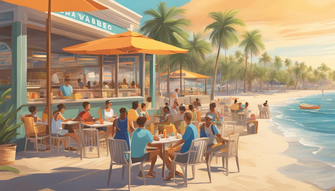 A sunny Florida beach with a Whataburger restaurant in the background, palm trees swaying in the breeze, and customers enjoying their meals at outdoor tables