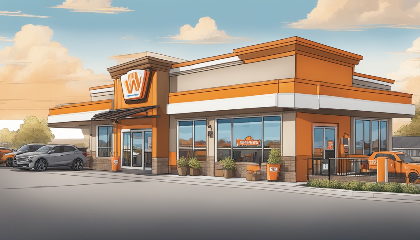 A bustling Whataburger restaurant with a drive-thru, outdoor seating, and a line of branded merchandise displayed near the entrance