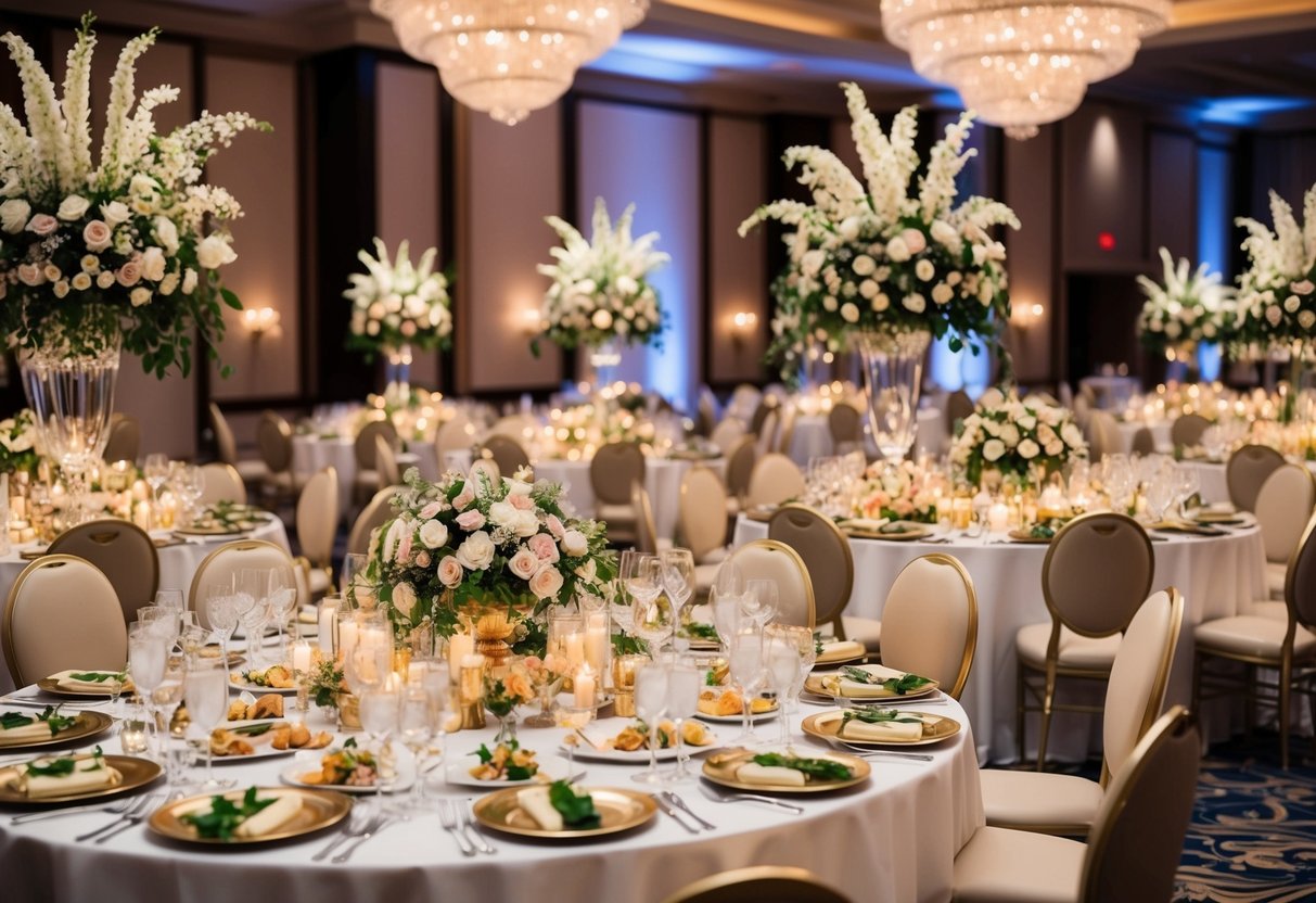 A lavish wedding reception with opulent decorations and a grand banquet table filled with expensive floral centerpieces and gourmet cuisine