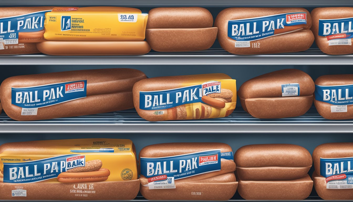 A package of Ball Park Beef Hot Dogs sits unopened on a clean, well-organized refrigerator shelf, with a clear expiration date visible