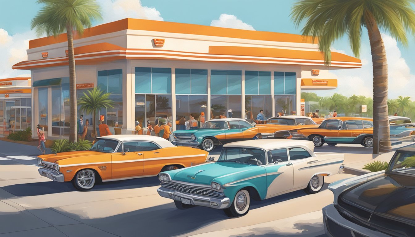 A bustling Whataburger in Florida with a line of cars at the drive-thru and customers dining inside, surrounded by palm trees and a sunny sky