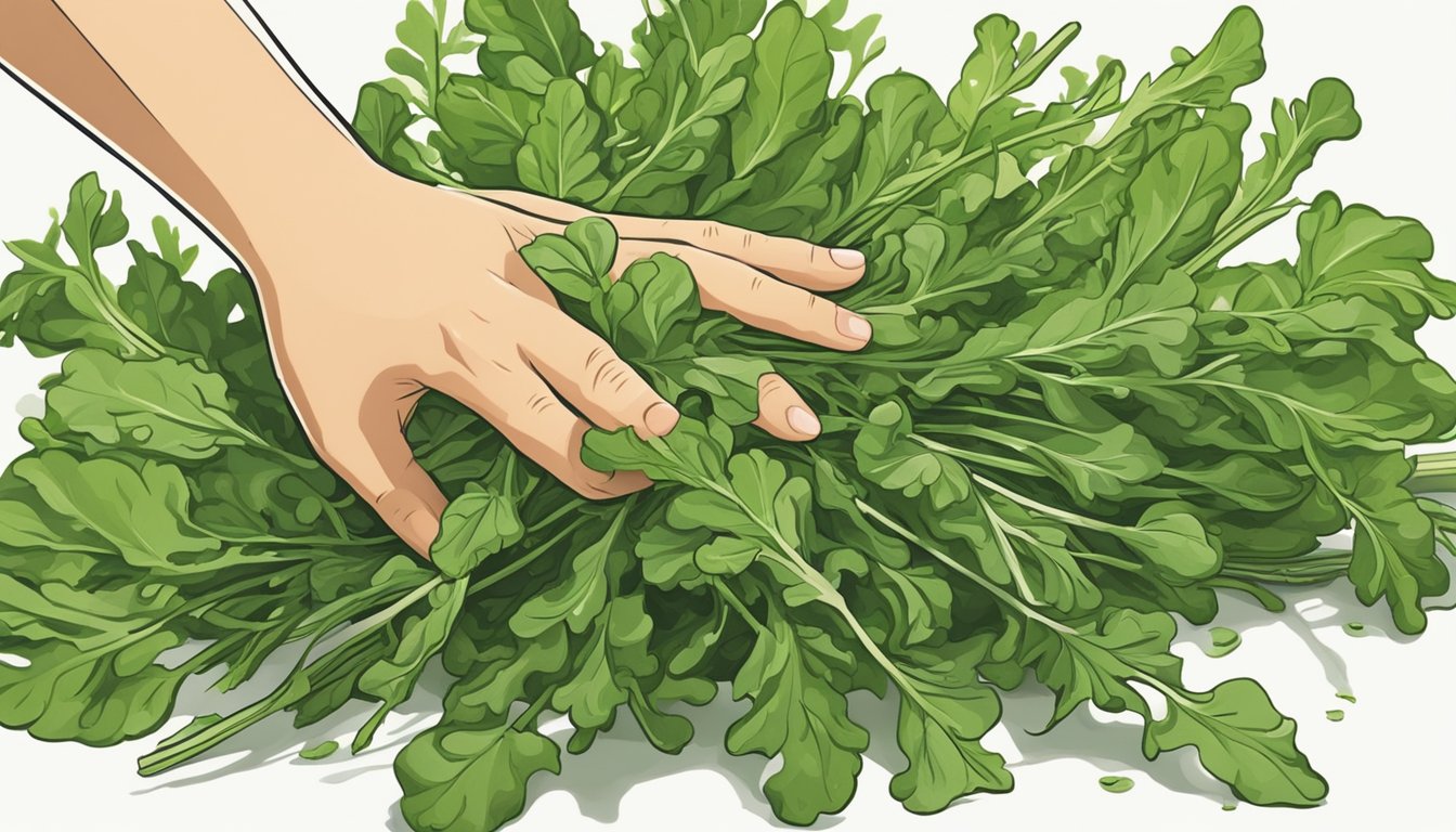 A hand reaching for a bundle of fresh arugula, with vibrant green leaves and a crisp texture, displayed on a clean, white countertop