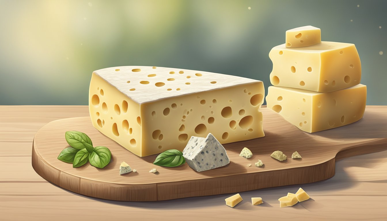 A block of Asiago cheese sits on a wooden cutting board, surrounded by small pieces of moldy cheese. The cheese is starting to show signs of spoilage with visible mold growth