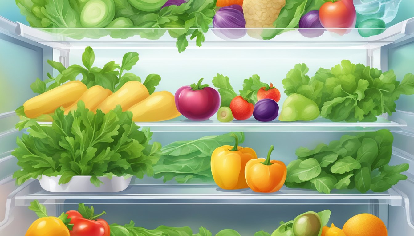 A refrigerator shelf with a clear plastic container filled with fresh arugula leaves, surrounded by other colorful vegetables and fruits