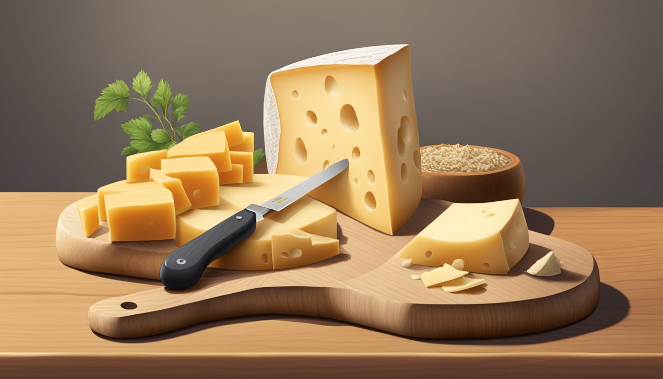 A wheel of Asiago cheese sits on a wooden cutting board, surrounded by freshly cut slices and a cheese knife. A calendar on the wall shows the current date