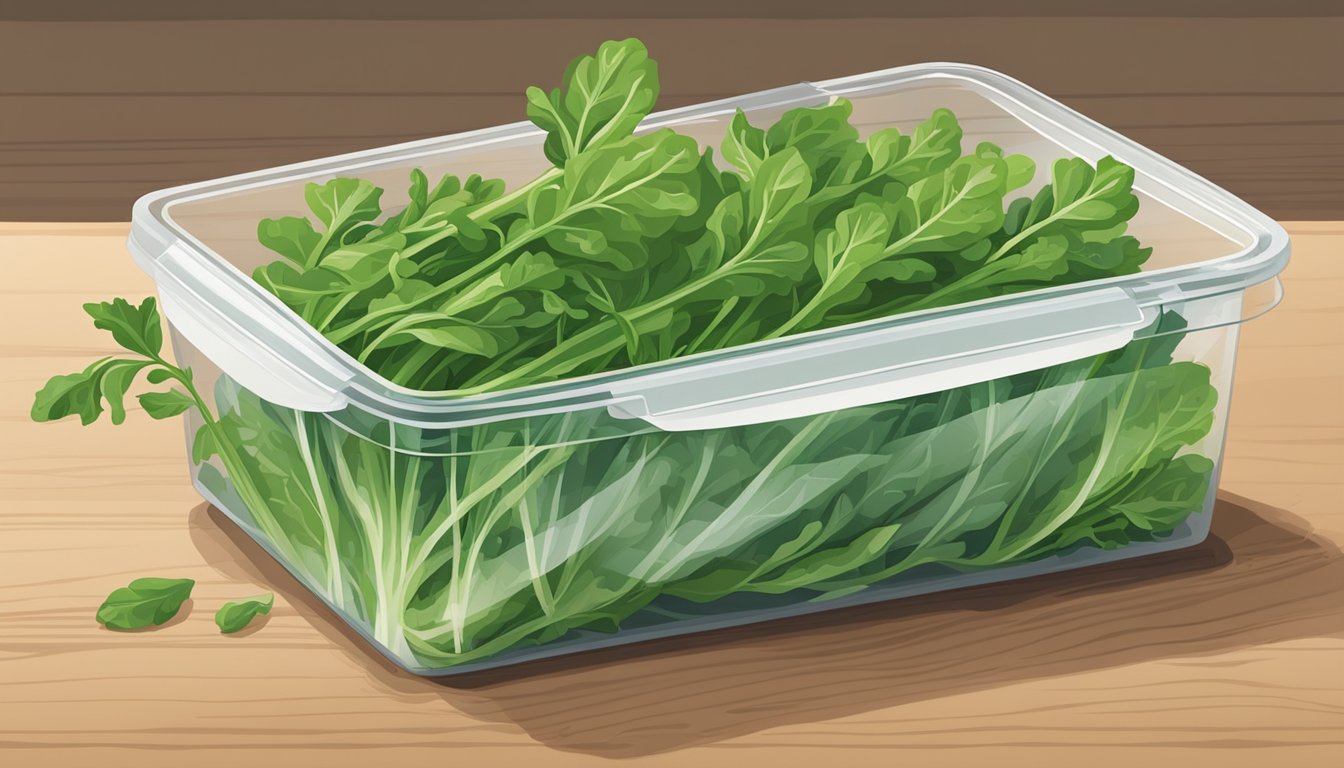 A bundle of fresh arugula is placed in a sealed container with a moisture-absorbing paper towel to extend its shelf life