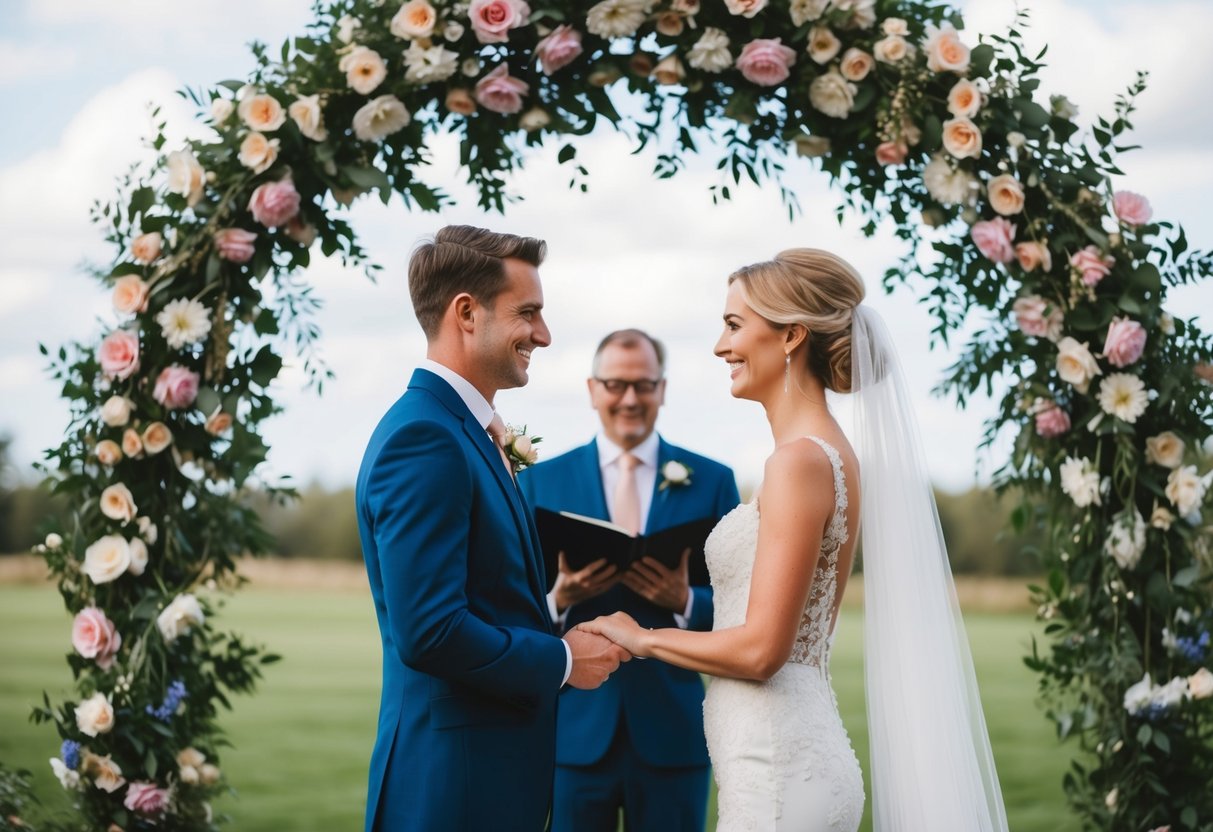 A bride and groom exchanging vows under a floral archway
