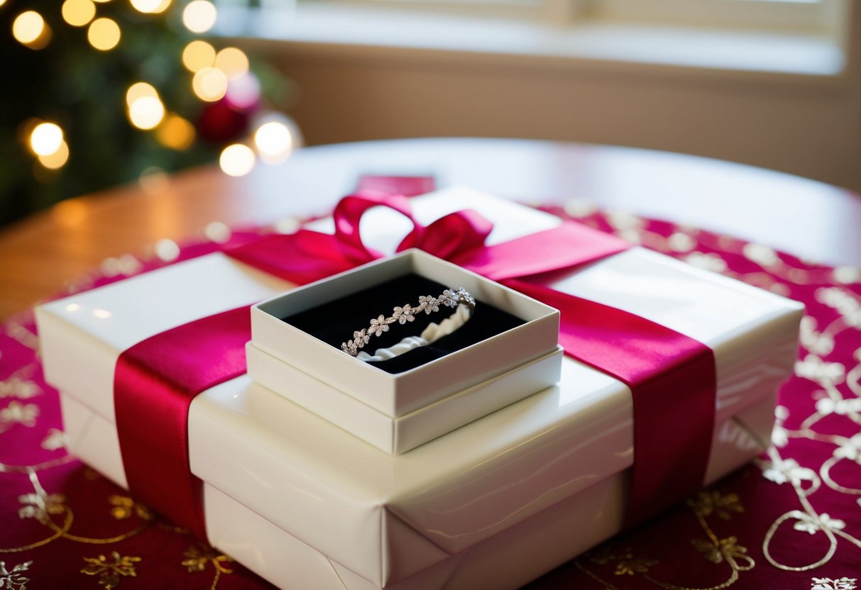 A small box containing a delicate garter is placed on a beautifully wrapped gift table