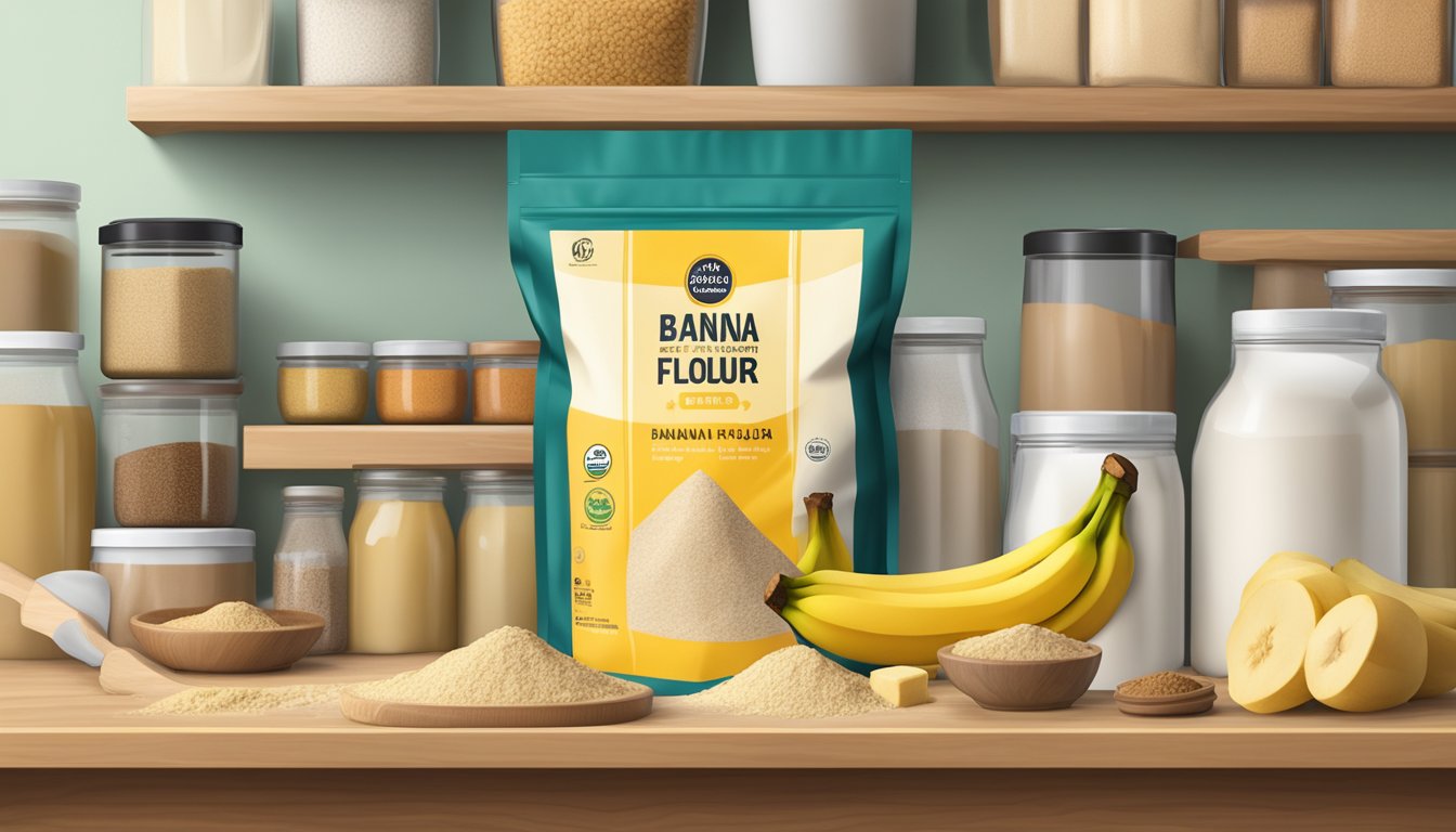 A sealed bag of banana flour sits on a pantry shelf, surrounded by other baking ingredients