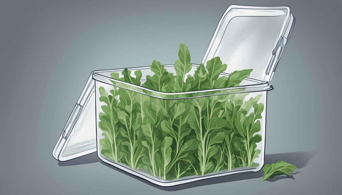 Fresh arugula in a clear, airtight container in a refrigerator, with a few leaves beginning to wilt