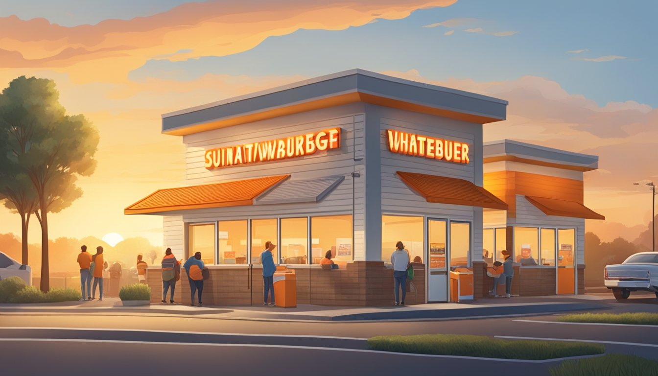 The sun rises over a Whataburger restaurant with a sign displaying breakfast hours. Customers eagerly line up outside the drive-thru, waiting for their morning meal