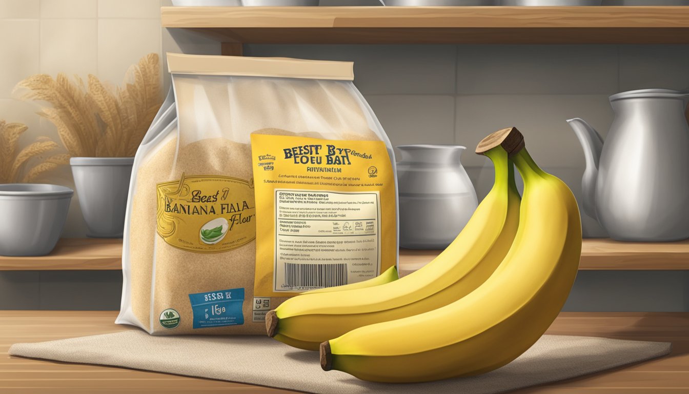 A sealed bag of banana flour sits on a shelf, with a "best by" date clearly visible