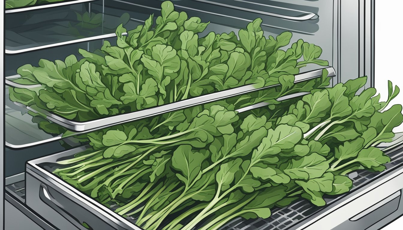 A vibrant bunch of arugula sits in a clear, crisp refrigerator drawer, surrounded by other fresh produce