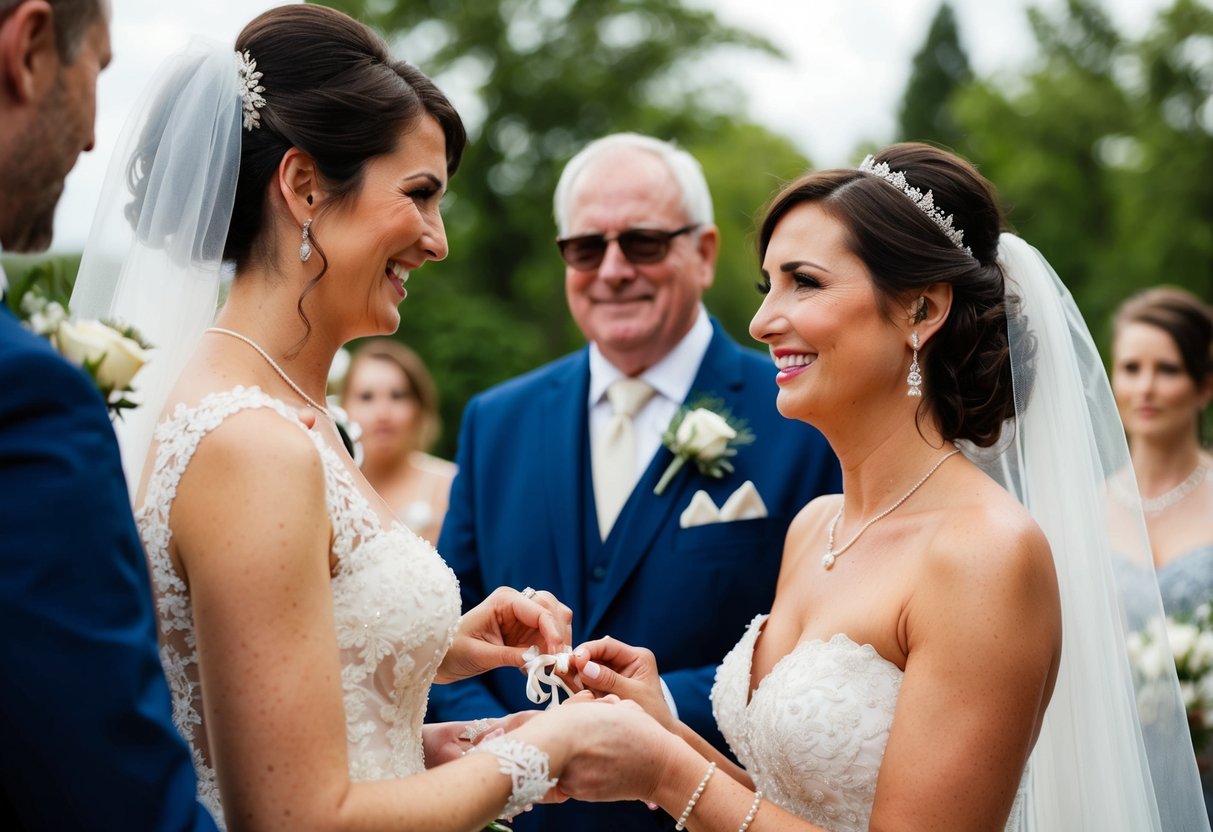 A bride receives a garter from a family member or close friend during a traditional wedding ceremony