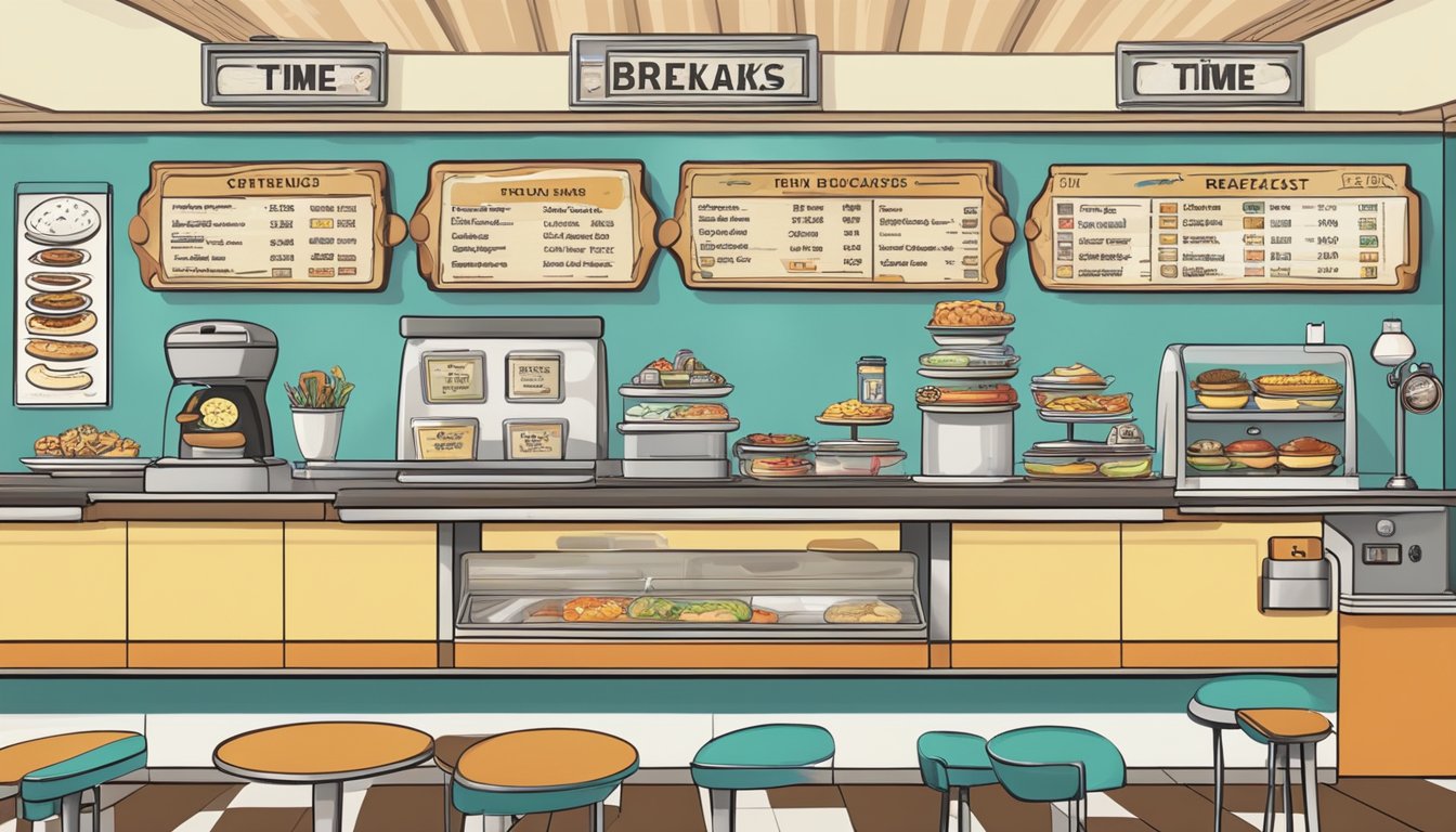 A diner counter with a variety of breakfast menu items displayed, a clock on the wall showing the time