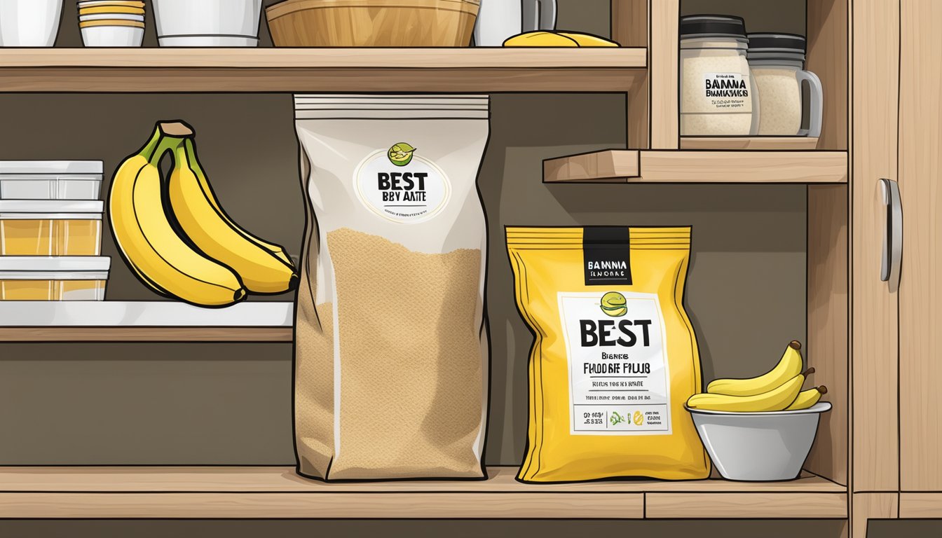 A sealed bag of banana flour on a pantry shelf, with a "best by" date visible