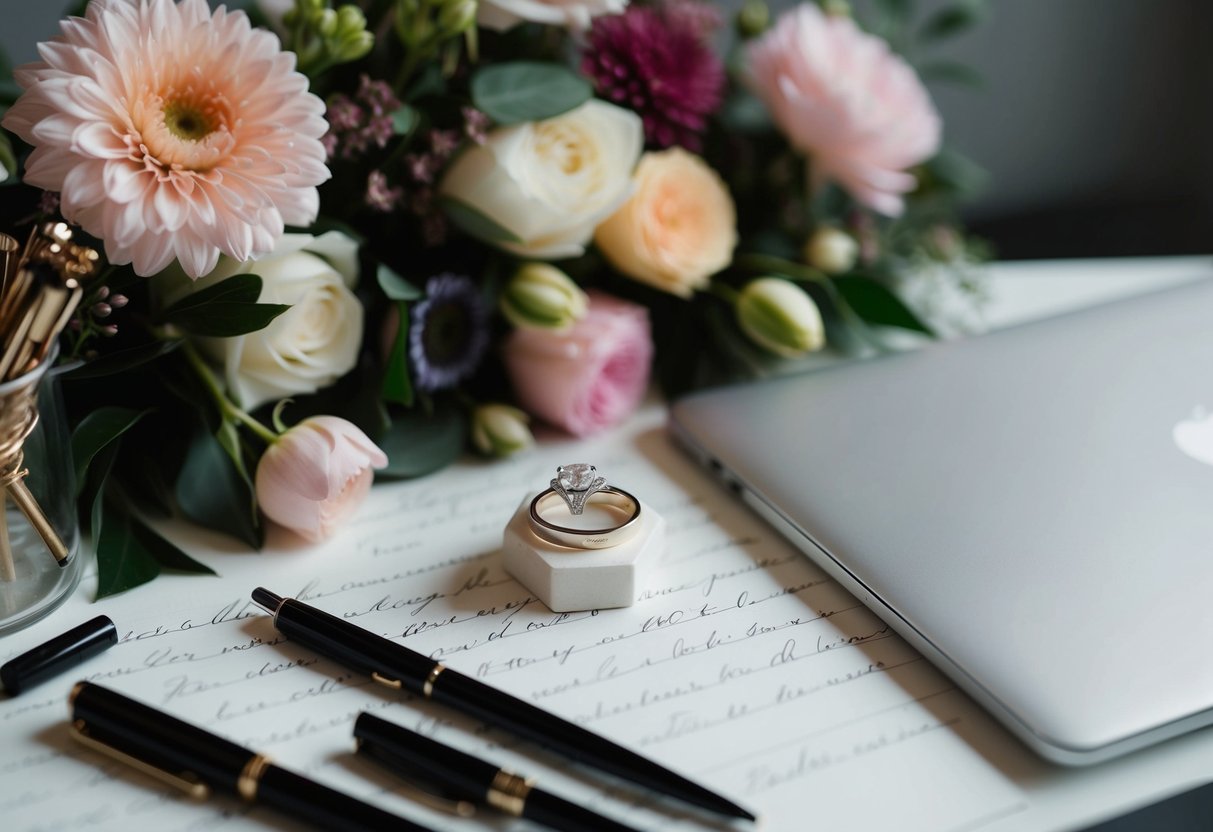 A wedding ring nestled among calligraphy pens, floral arrangements, and a sleek laptop on a desk