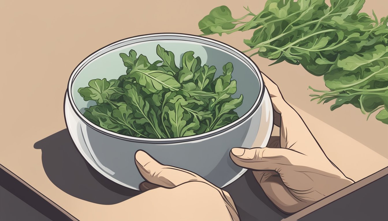 A hand reaching for a wilted arugula leaf in a bowl, next to fresh arugula