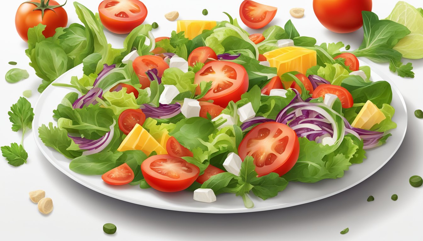 A colorful array of fresh salad ingredients arranged on a white plate, with vibrant greens, juicy tomatoes, and crunchy toppings