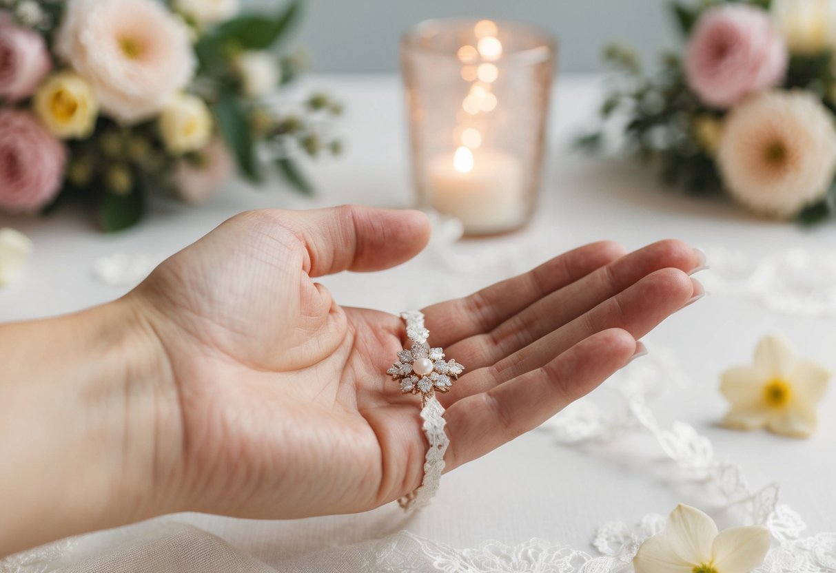 A hand reaches out to present a delicate garter, surrounded by a soft, romantic atmosphere with floral accents and elegant decor