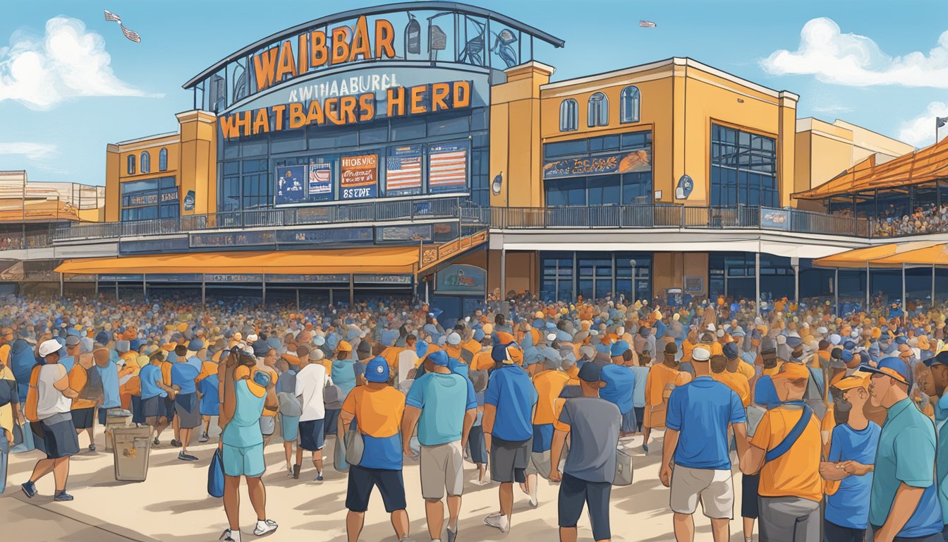 A bustling baseball game at Whataburger Field, with fans cheering and vendors selling snacks, showcasing the local impact and economic contributions