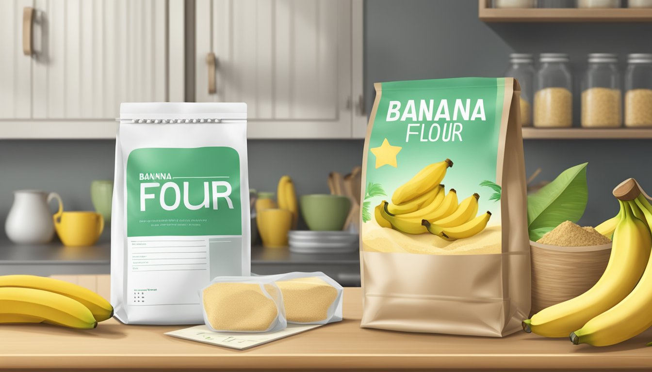 A sealed bag of banana flour sits on a kitchen shelf, surrounded by fresh bananas and a calendar marking the date of purchase