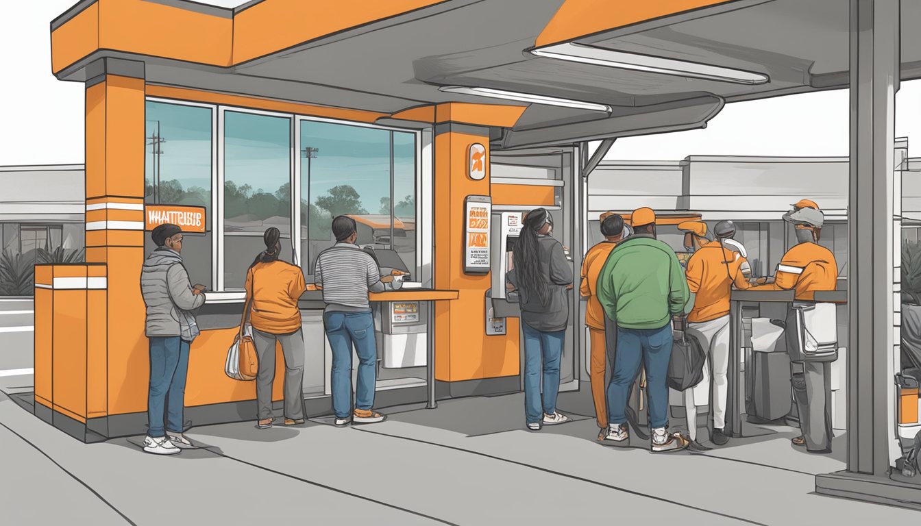 Customers waiting in line at a Whataburger drive-thru, with a sign displaying breakfast hours and a clock showing the current time