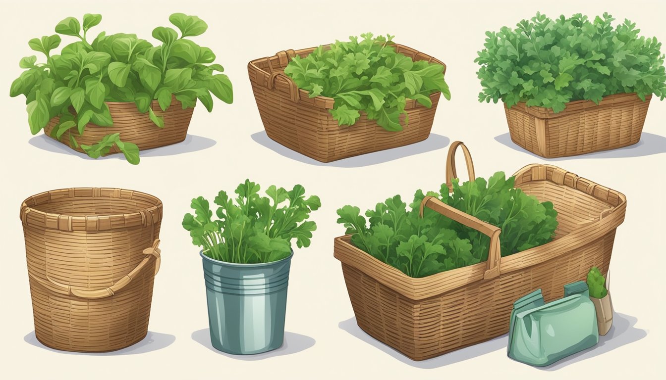 A person picking fresh arugula from a garden and placing it in a basket, then storing it in a refrigerator