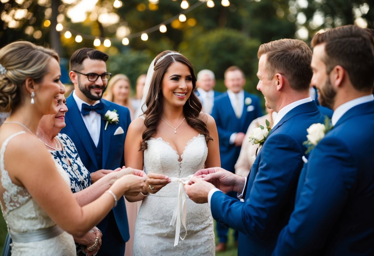 A groom and attendees present a garter to the bride as a gift during the wedding celebration
