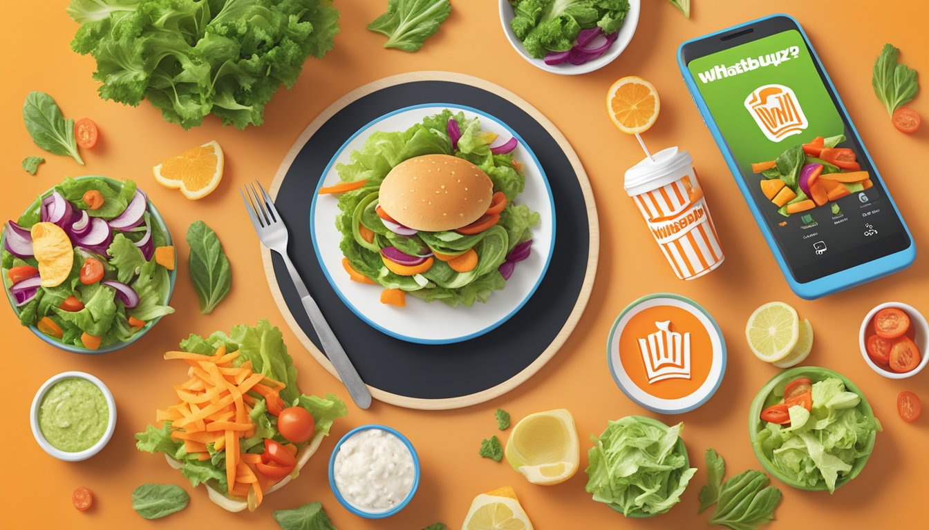 A colorful array of fresh salad ingredients arranged around a Whataburger App logo, with a smartphone nearby