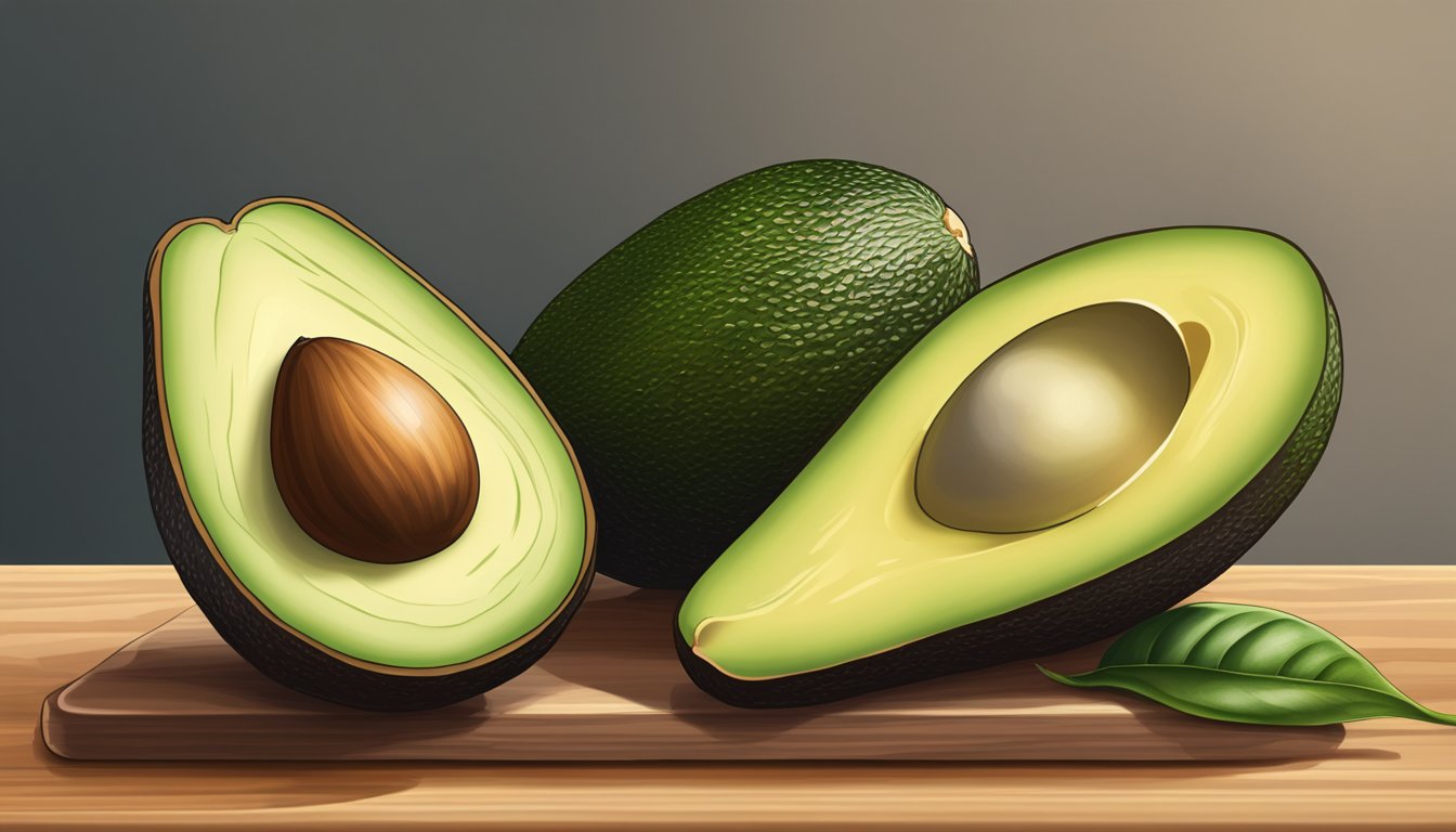 A ripe avocado sits on a wooden cutting board next to a partially sliced avocado. The skin is dark and yields slightly to gentle pressure