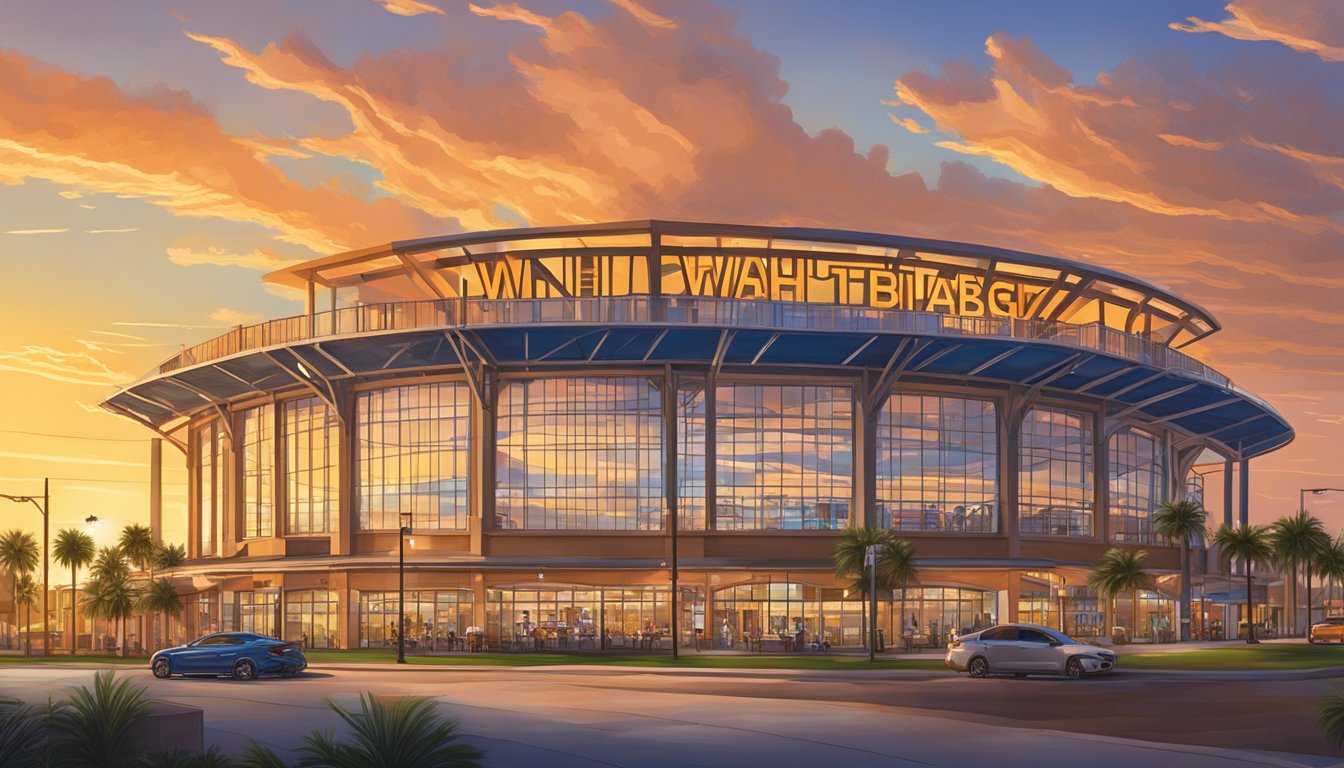 The sun sets behind Whataburger Field, casting a warm glow over the stadium and surrounding area. The futuristic architecture of the stadium stands out against the evening sky