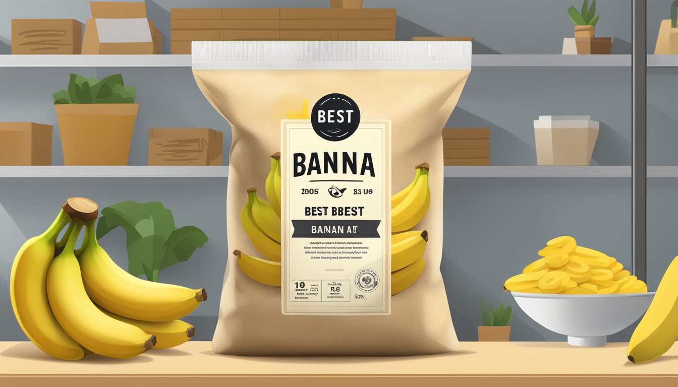 A sealed bag of banana flour sits on a shelf, surrounded by fresh bananas. The bag is labeled with a "best by" date