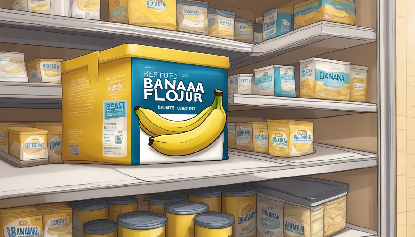 A sealed bag of banana flour on a pantry shelf, with a best before date clearly visible