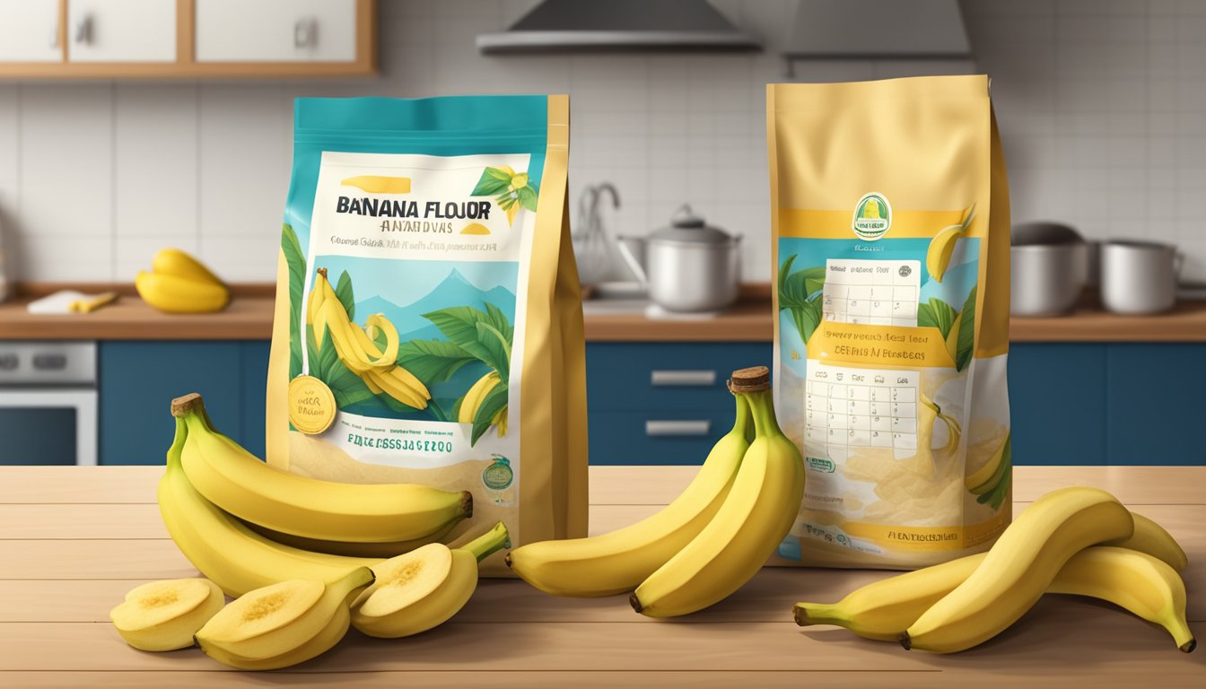 A sealed bag of banana flour on a kitchen shelf, surrounded by fresh bananas and a calendar showing the current date