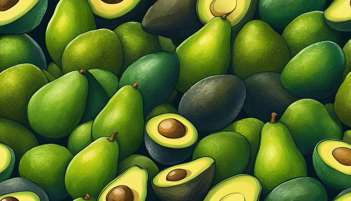 A pile of avocados, some ripe and others spoiled, with visible signs of rot and discoloration