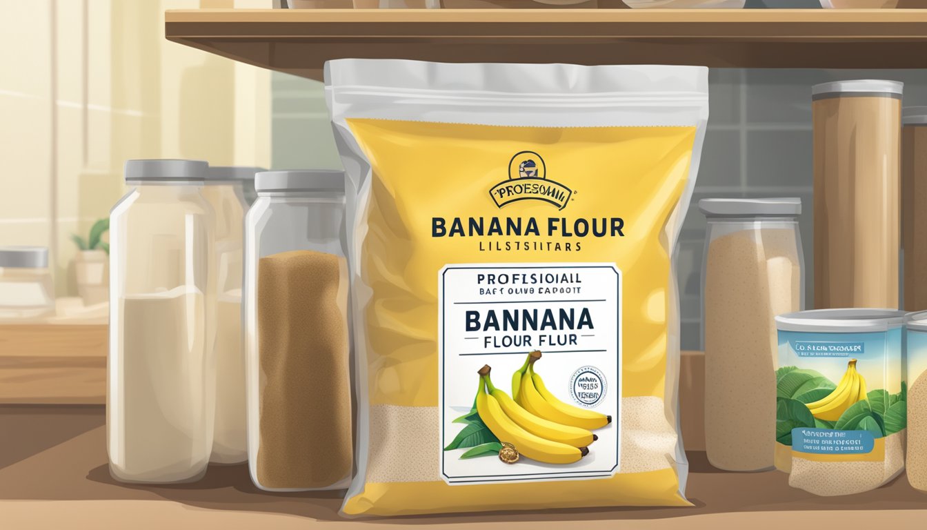 A sealed bag of banana flour sits on a pantry shelf, with a best-by date clearly visible