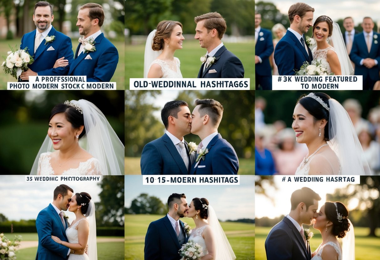 A series of wedding-related images from old to modern, with hashtags prominently featured in the latest scene