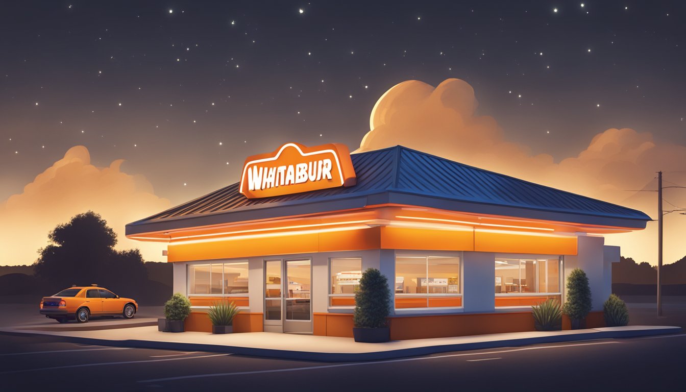 A brightly lit Whataburger restaurant at night, with a glowing sign and drive-thru window