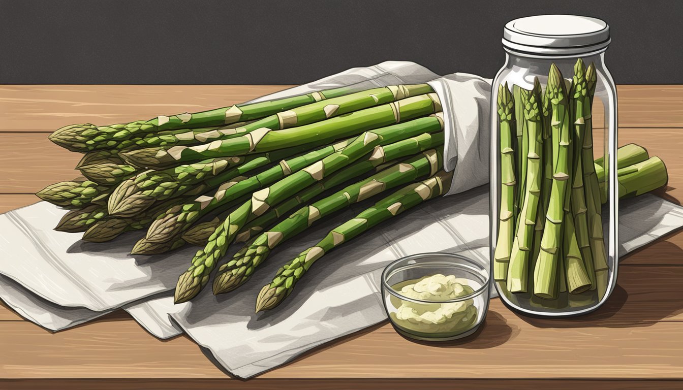 Fresh asparagus in a glass jar on a kitchen counter, surrounded by a few loose spears and a damp paper towel