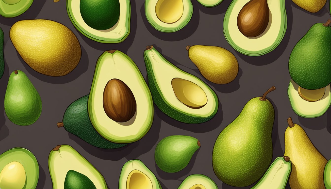 A variety of avocados in different stages of ripeness, from unripe to overripe, arranged on a wooden cutting board