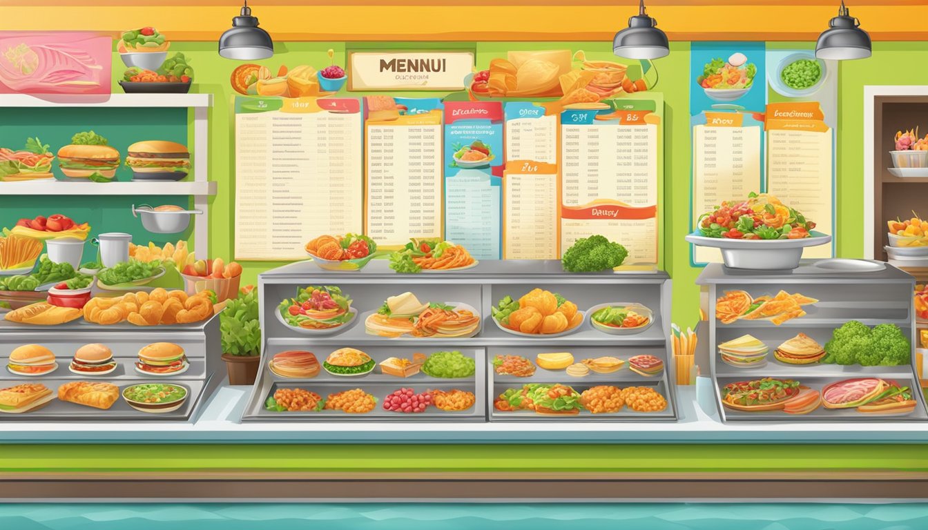 A colorful menu board with enticing food illustrations, set against a bright and cheerful backdrop