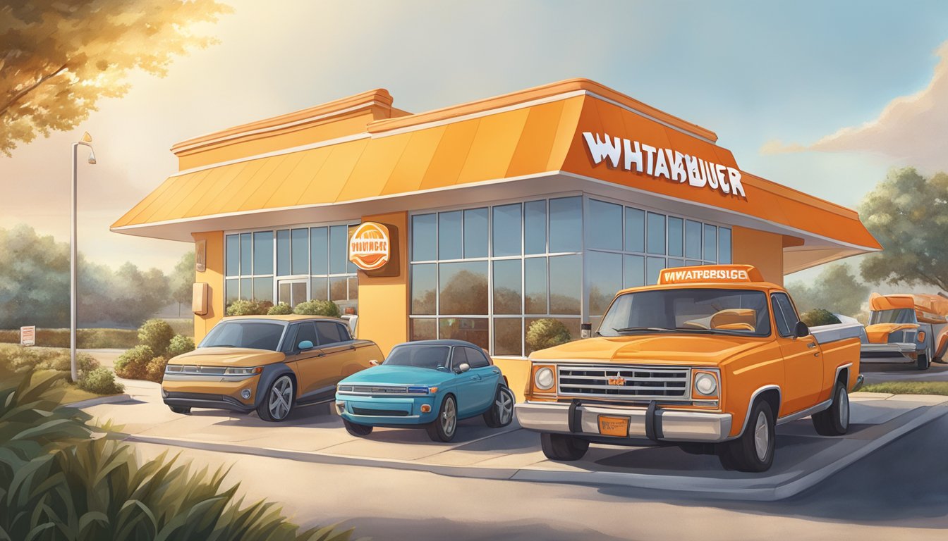 A sunny morning with a Whataburger sign and drive-thru, surrounded by breakfast items like coffee, pancakes, and breakfast sandwiches