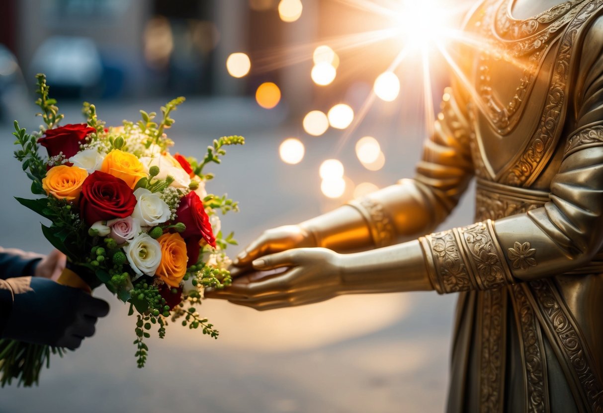 A bouquet of flowers being handed to a figure with a shining aura