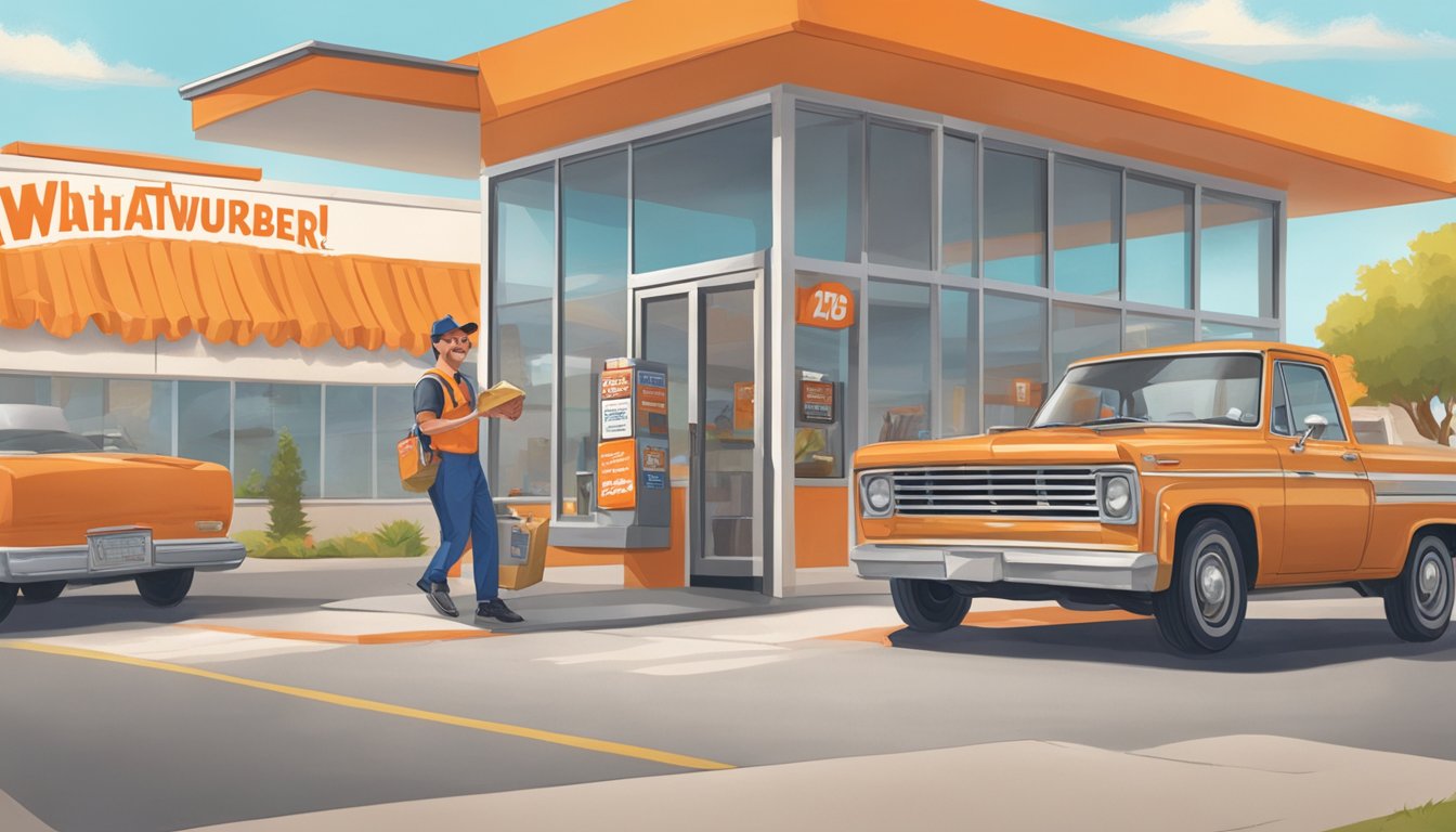 A car pulls up to a drive-thru window at a Whataburger restaurant, with a smiling employee handing over a bag of food