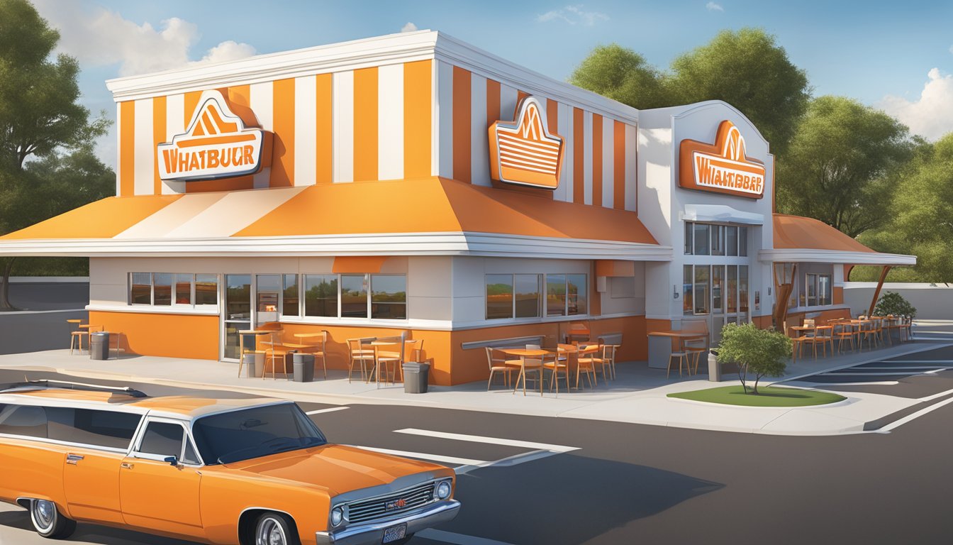 A bustling Whataburger restaurant in Kennesaw, featuring the iconic orange and white striped building with a large "W" logo, a drive-thru lane, and outdoor seating area