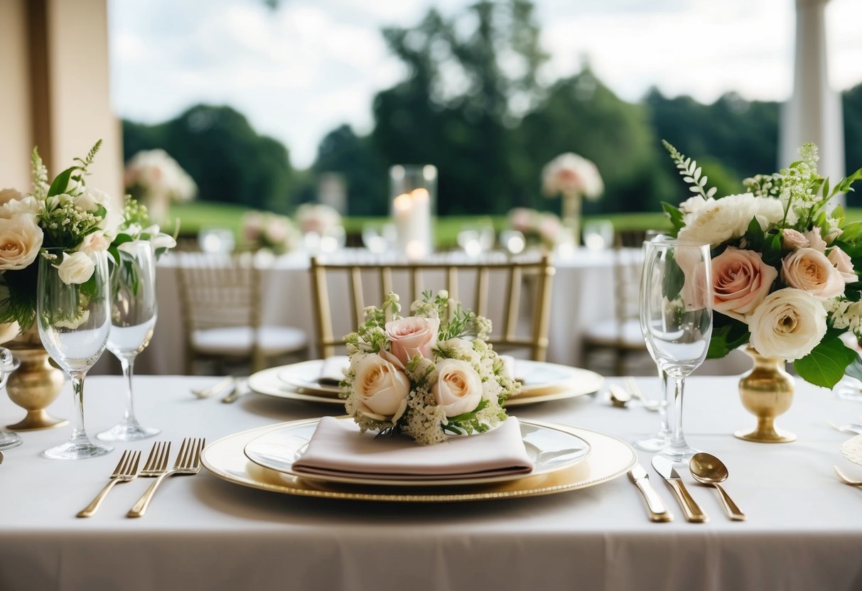 A table set with floral accessories for mother of the bride and groom