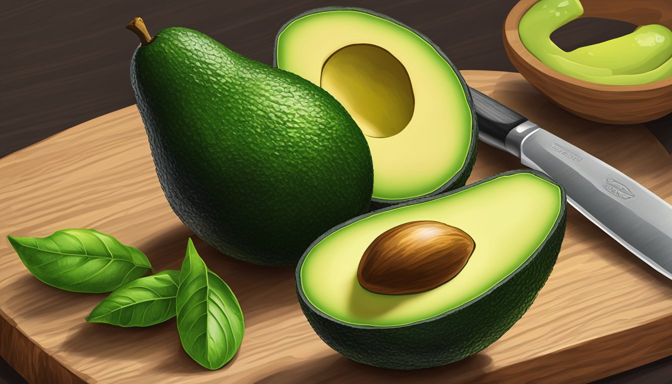 A ripe avocado sits on a wooden cutting board next to a knife and a halved avocado with its pit still intact. The vibrant green flesh of the avocado is exposed, showcasing its freshness